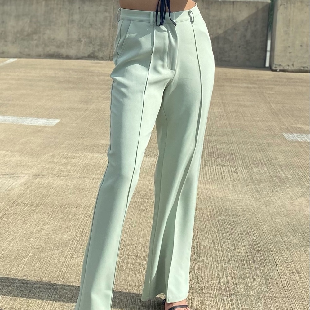 Sage High-Waisted Wide Leg Trouser Pants - Relaxed Fit, Pleated Tailored Look